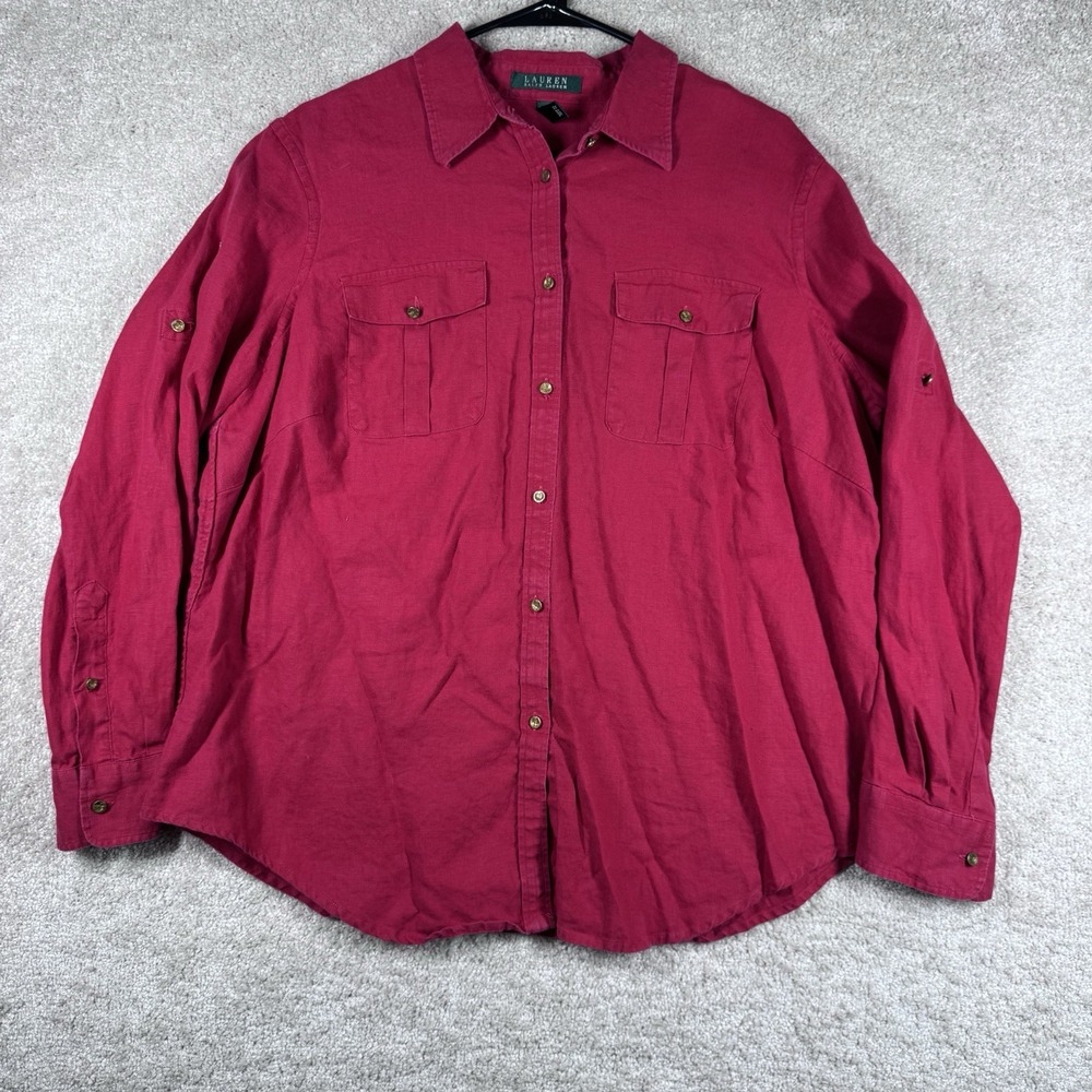 Lauren Ralph‎ Lauren Linen Shirt Red Womens 1X Button Up Long Sleeve Casual